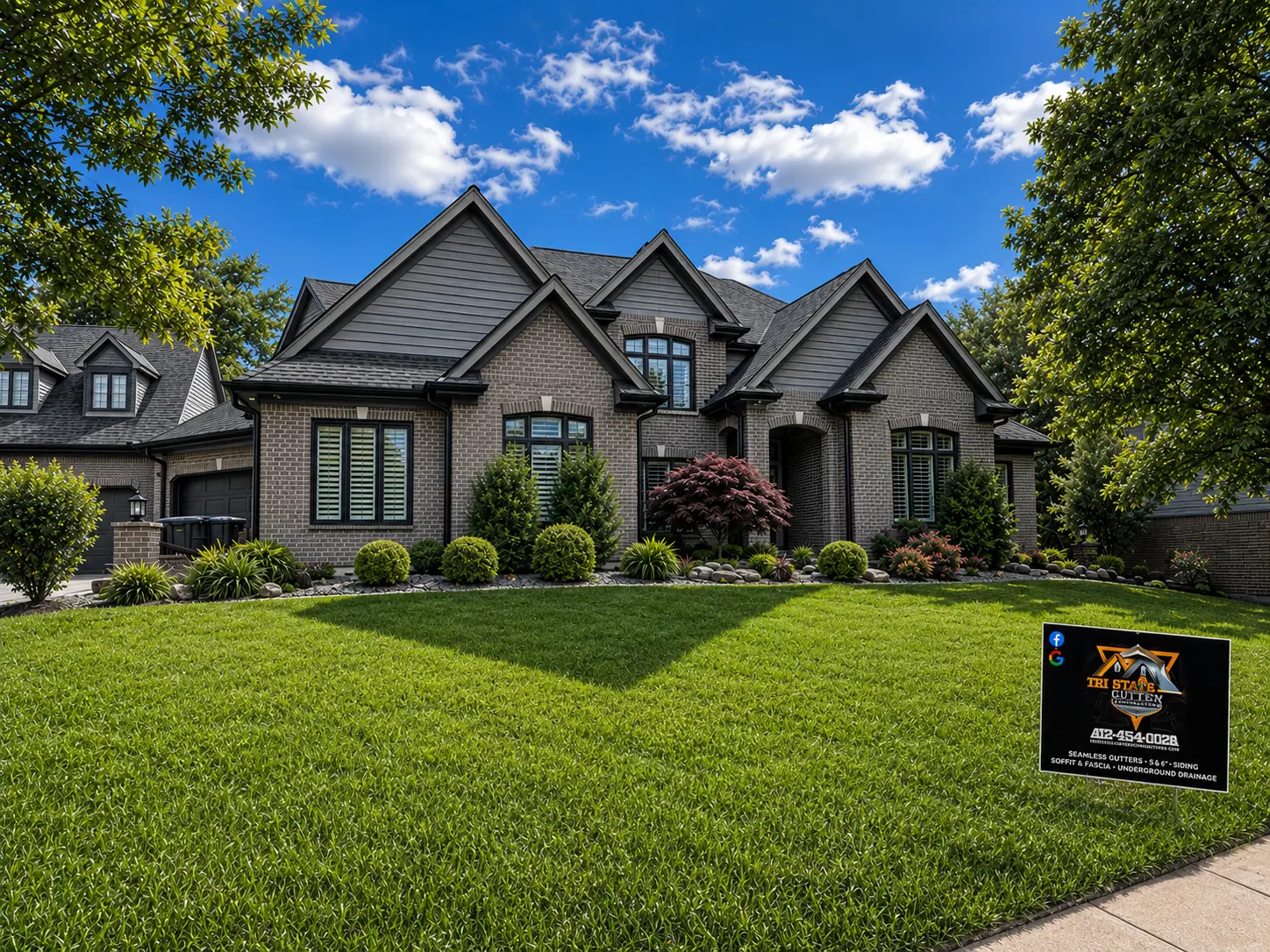Completed Tri-State Gutter Masters project on a landscaped home