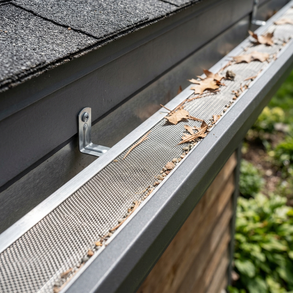Premium stainless steel micro-mesh leaf guards on a Mount Vernon home roofline